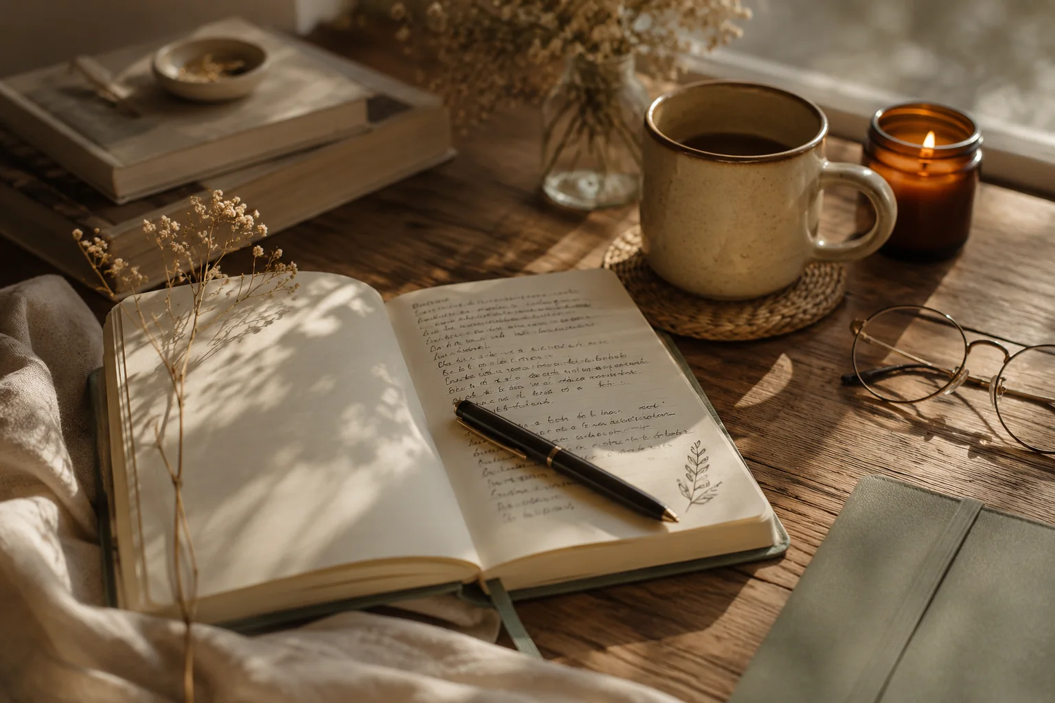 Jurnal deschis pe o masă din lemn, lumină caldă, ceașcă de cafea și lumânare aprinsă